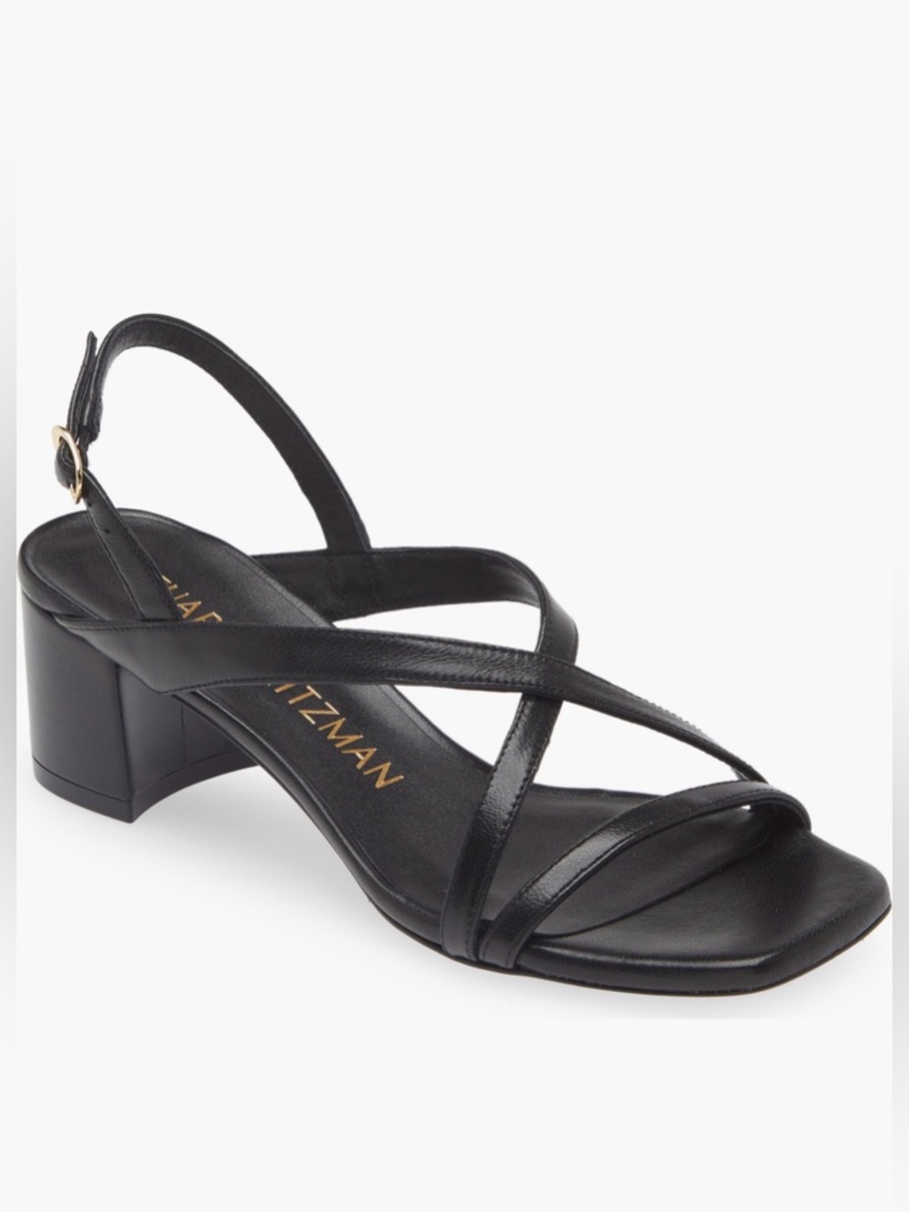 Stuart Weitzman Black Leather Cross-Strap Block Heel Sandal